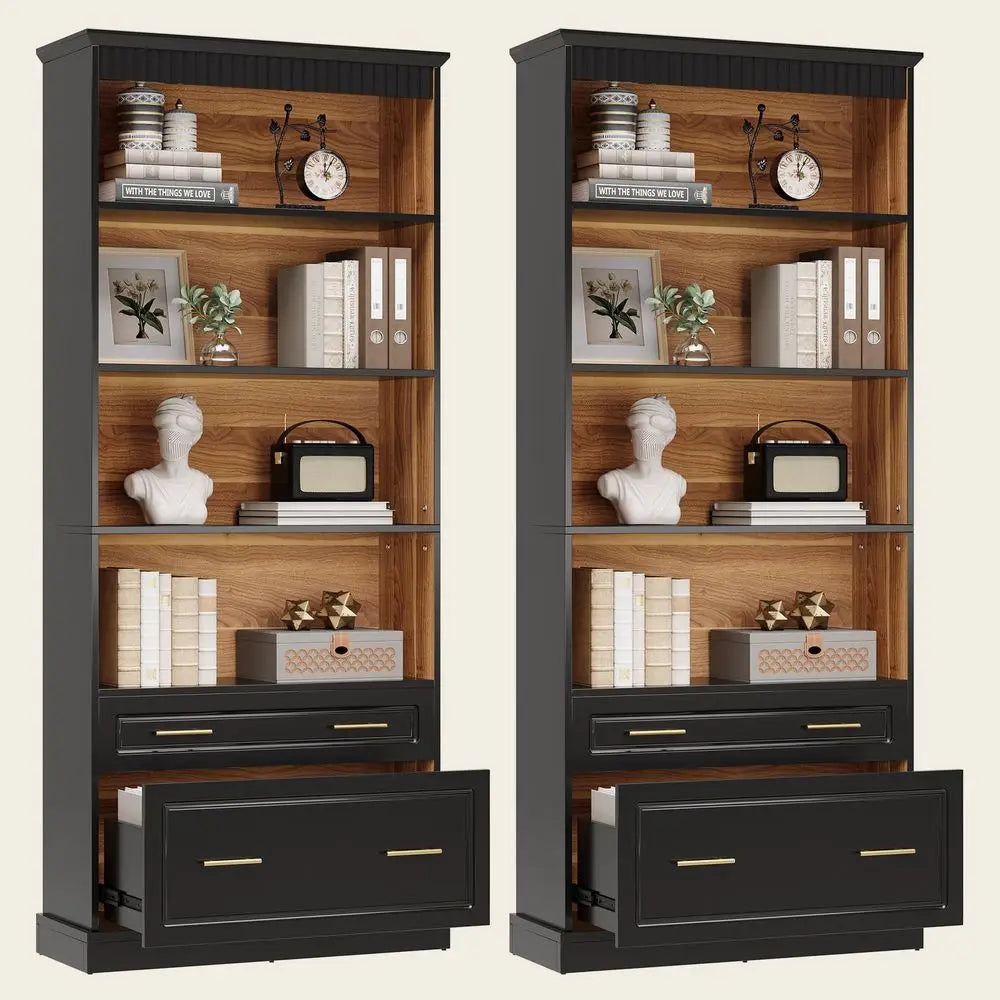 5Shelf Bookcase with File Cabinet Drawer, 72 Tall Bookshelf, Modern FreeStanding Wood Bookcase, Large Open Display Storage Book