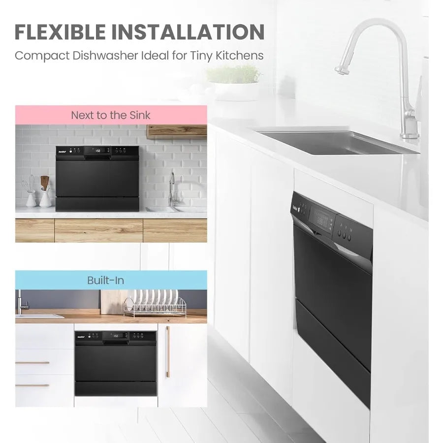 Portable Countertop Dishwasher for Dorm RV Apartment 6 Place Settings 8 Programs Speed Baby-Care ECO Glass Black Stainless Stee