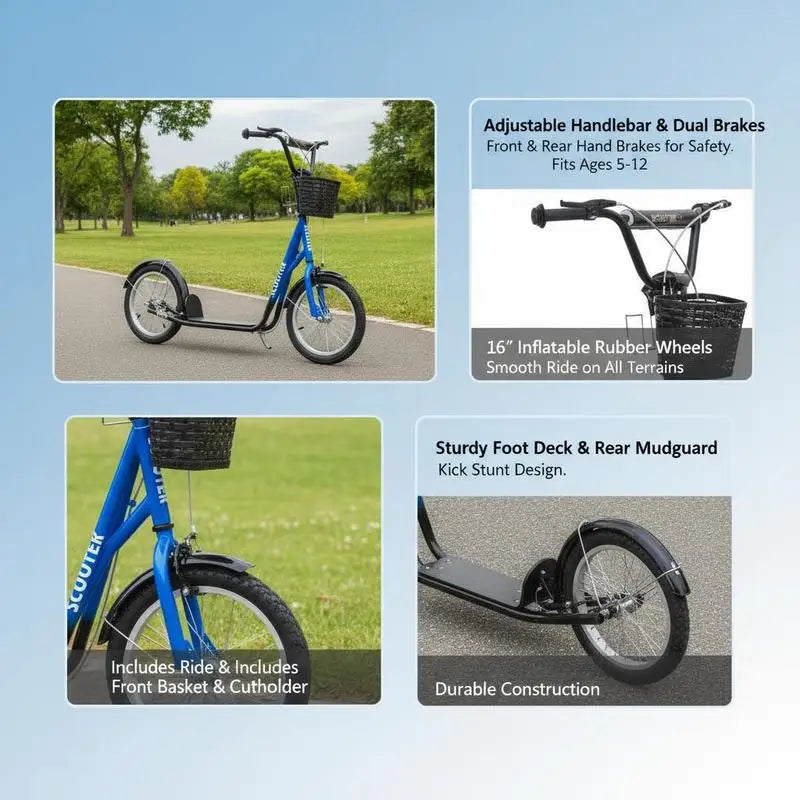 Children's scooter with brake, including basket, height adjustable, for children 5-12 years old, blue+black