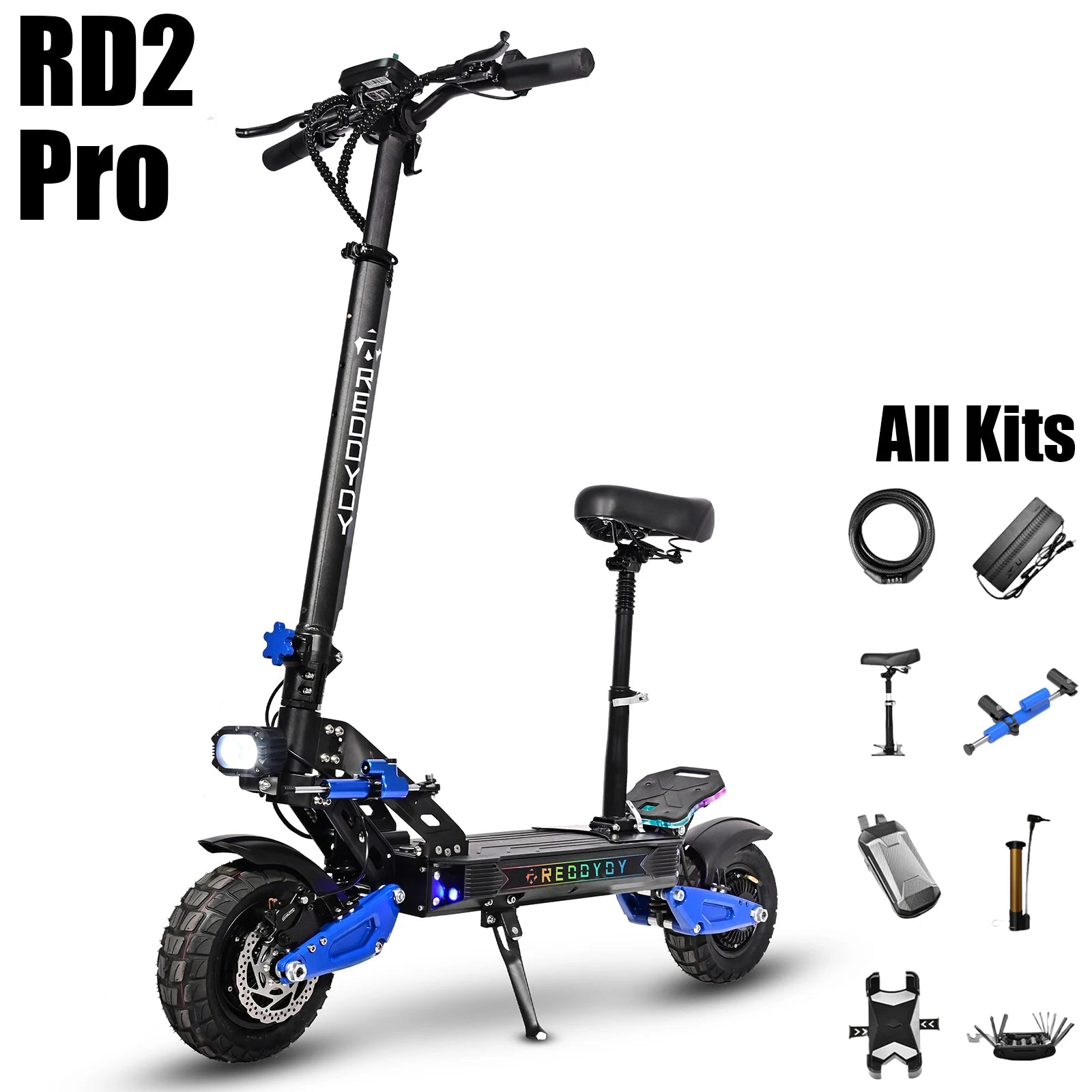 REDDYDY Offroad Electric Scooter with Smart APP 50MPH Max Speed 55Miles Long Range 5000W Peak Dual Motors 60V25Ah Battery Smart Riding 3 Modes NFC Unlocking Dual Hydraulic Disc Brakes Full Suspension 10.5" Tires for Commuting
