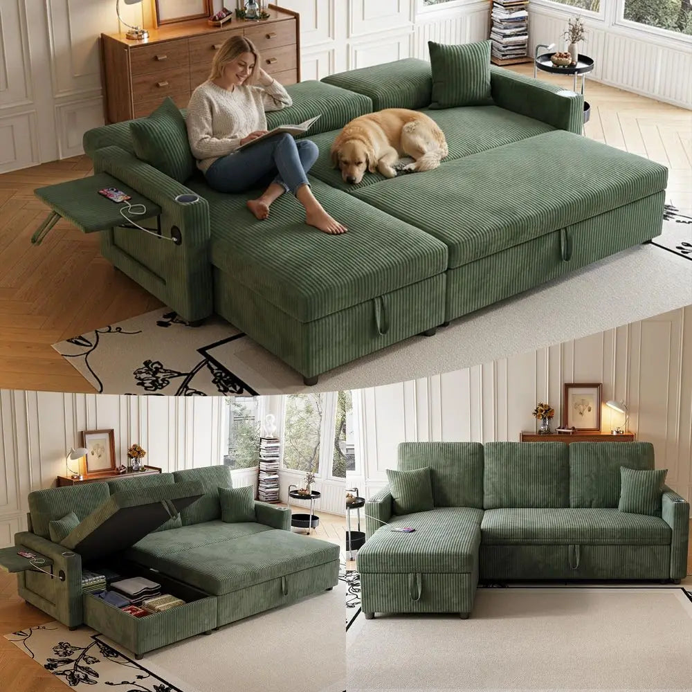Sectional Sofa, 83 Convertible Sofa Bed with Pull Out Couches, Small Desktop, L Shaped Couch with Reversible Chaise, Cup Holder