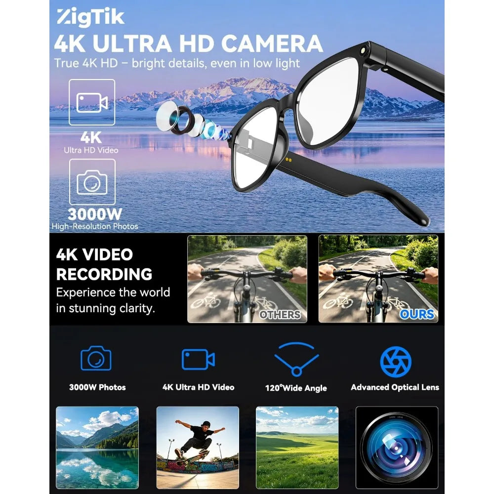 4K HD Camera Glasses, 8MP, Anti-Shake, Real-Time Translation, AI Assistant, Object Recognition for Travel & Meetings
