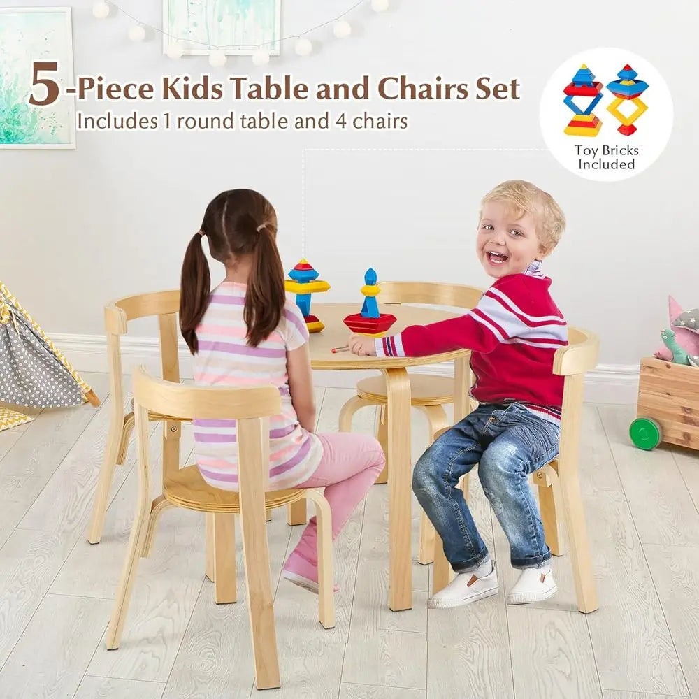 Kids Table and Chair Set, 5-Piece Wooden Activity Desk Set w/Toy Bricks, Classroom Playroom Daycare Furniture for Playing, Drawi