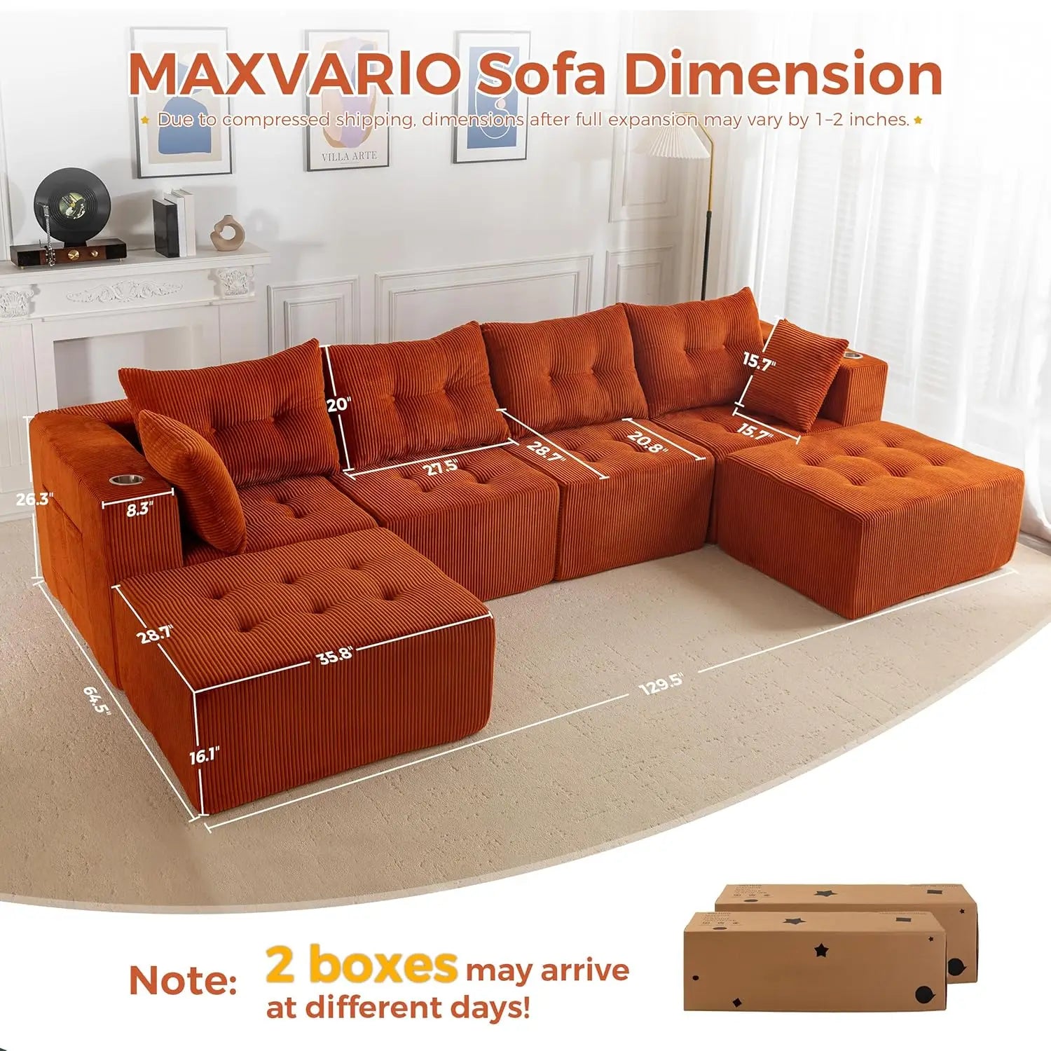 129.5" U Shaped Modular Sectional Sofa with 2 Ottomans Tufted Cloud 6 Seat Sleeper for Living Room Orange Customized