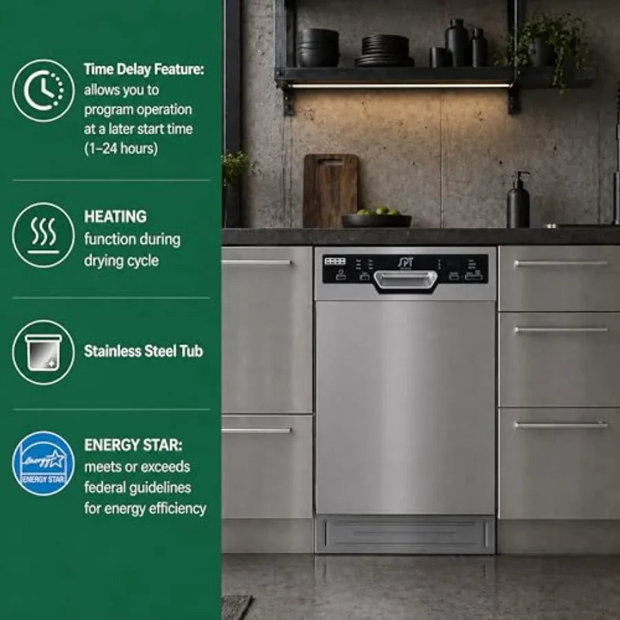 Built-In Dishwasher for Kitchen Use, Stainless Steel, Silver, Heated Drying ENERGY STAR Certified with 6 Wash Programs and 8 Pl
