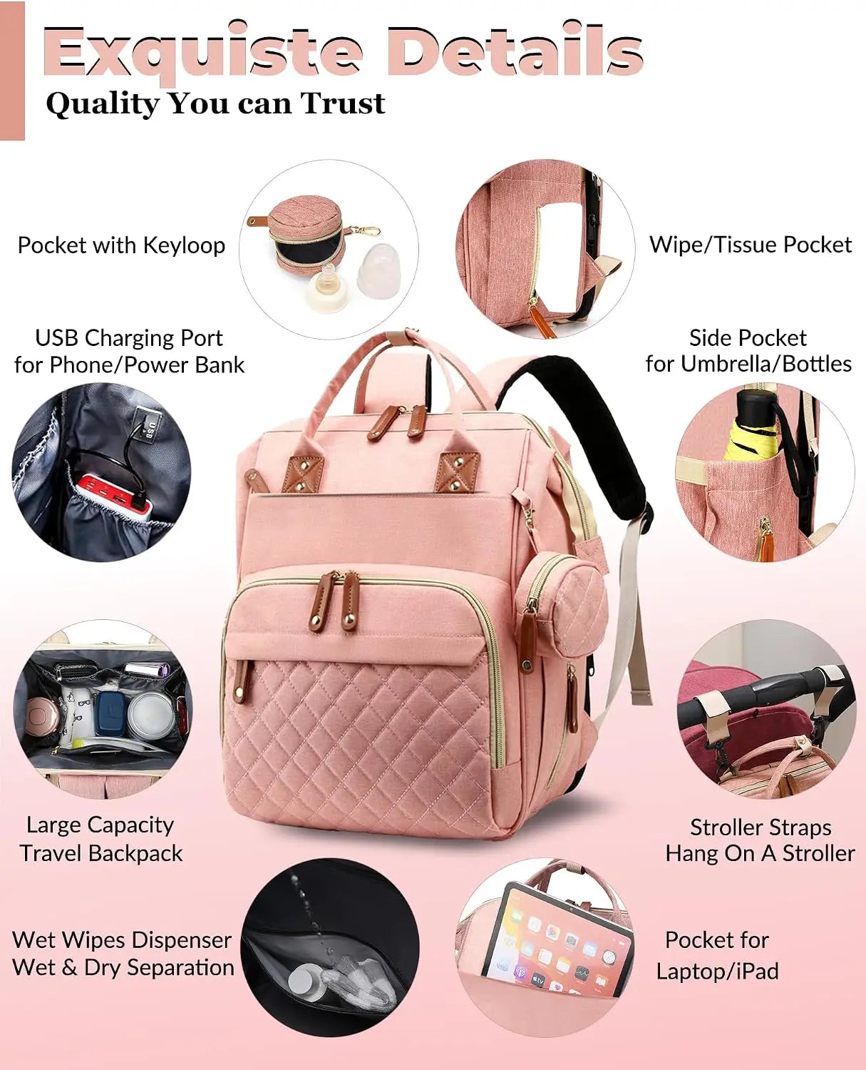 3 In 1 Waterproof Diaper Backpack With Foldable Changing Pad Large Capacity Mommy Nappy Bag Stroller Hanging Organizer Portable Outdoor Camping Hiking Road Trip Travel Baby Essentials Storage Backpack Peach Pink