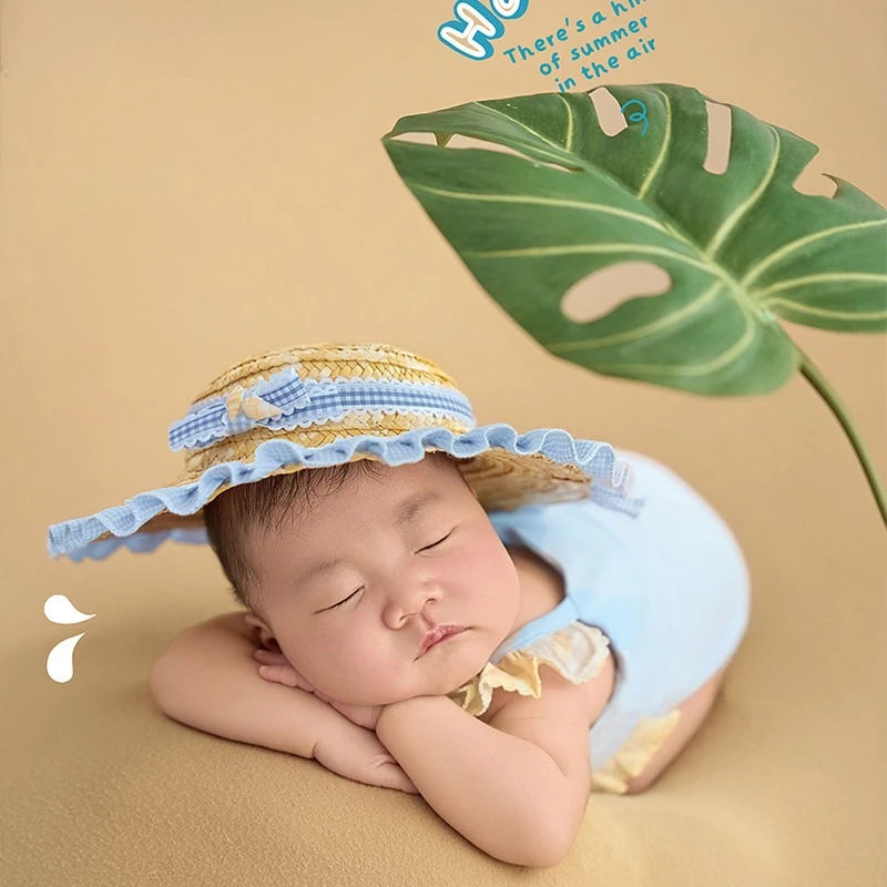 Newborn Photography Props Summer Swimsuit with Headband Beach Theme Set Decors Backdrop for Studio Photoshoot Photo Clothing