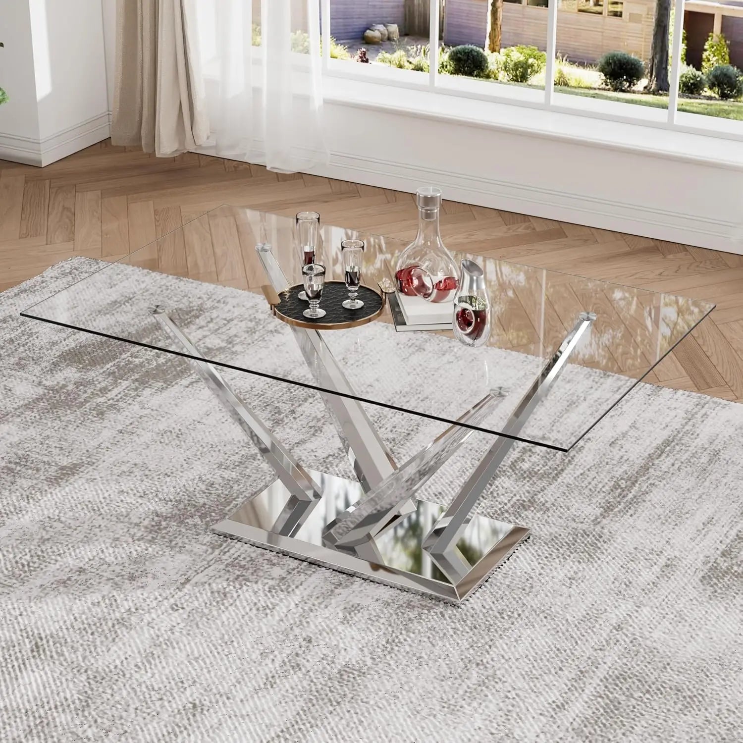 63'' Rectangular Glass Dining Table for 4-6, Luxury Kitchen Table with Tempered Glass and Aesthetic Silver, Customized