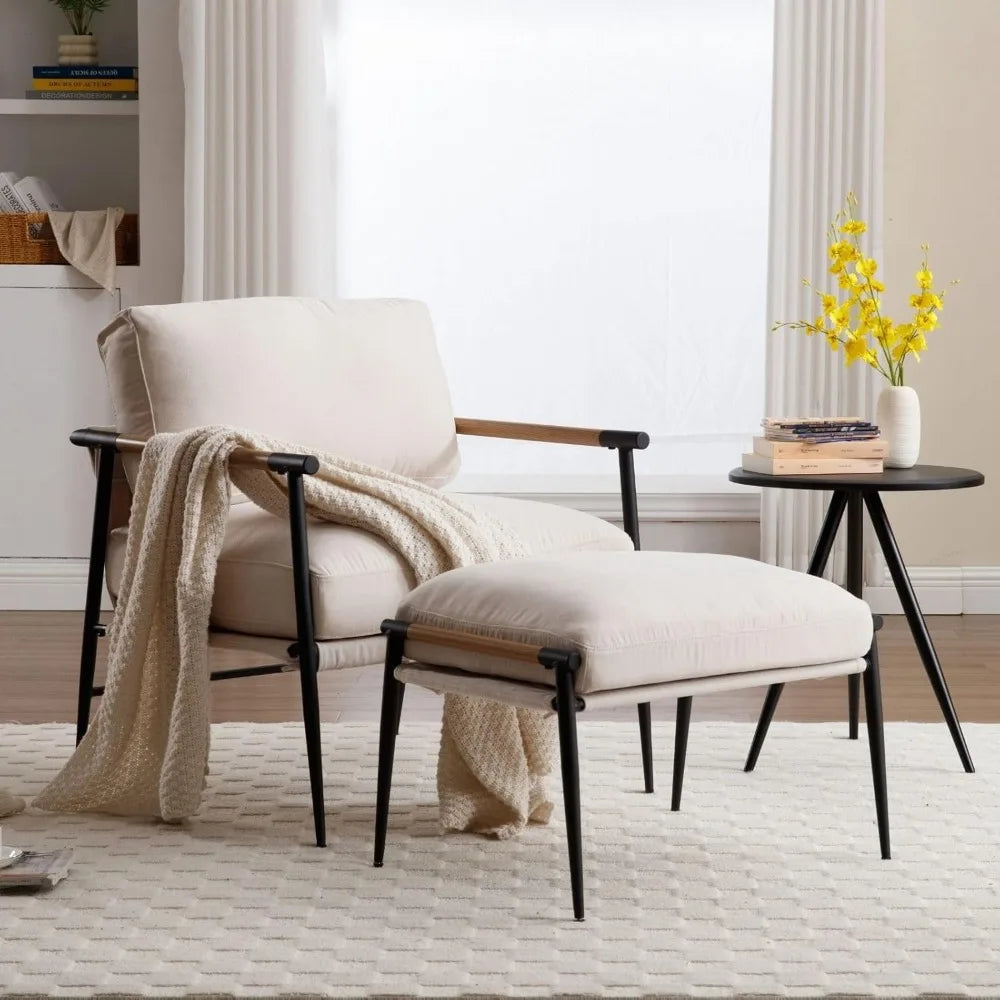 Mid-Century Chenille Accent Chair with Ottoman, Soft Living Room Chair with Metal Legs Modern Upholstered Armchair Read