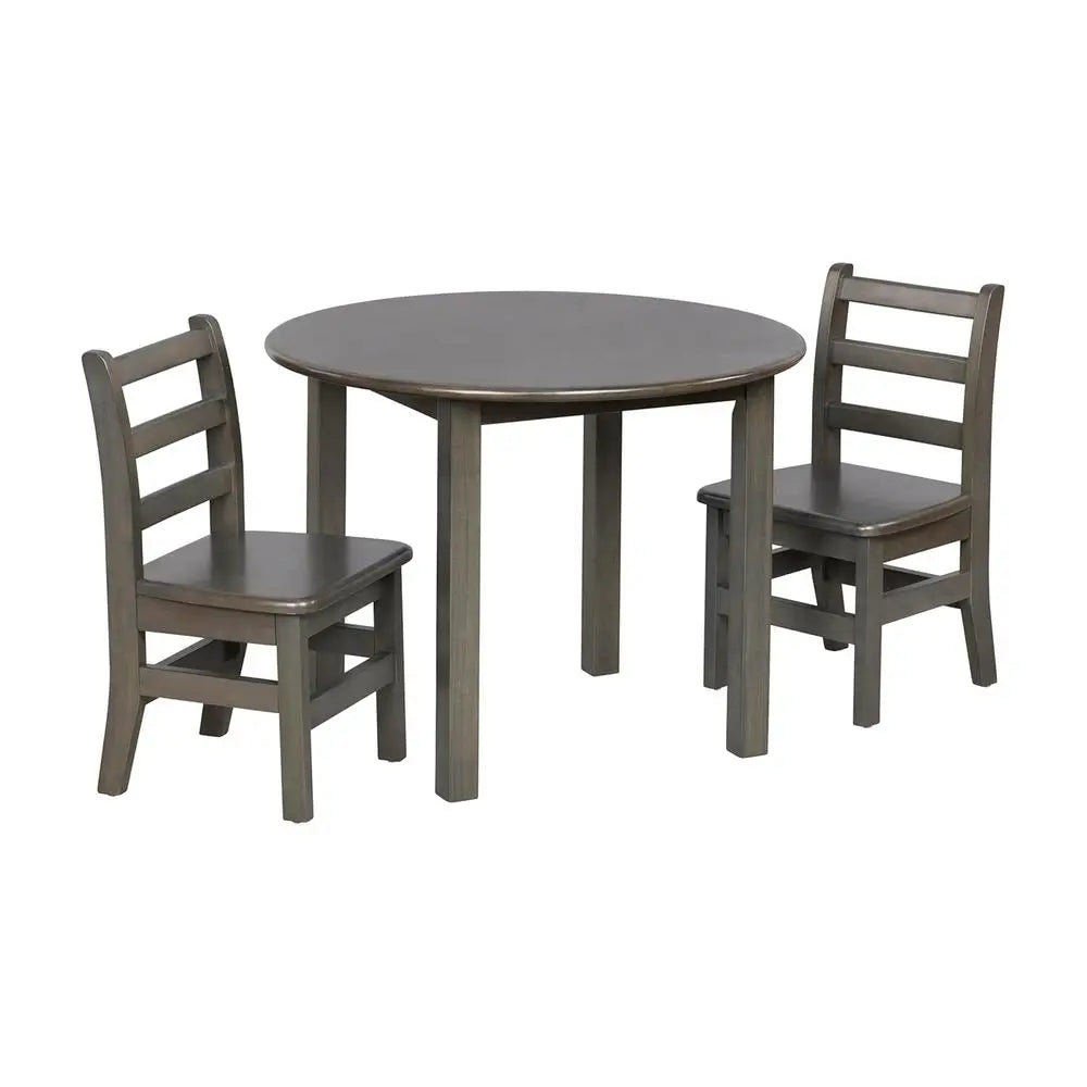 30in D Round Hardwood Table and Chair Set, 12in Seat Height, Kids urniture, Grey Wash, 3-Piece