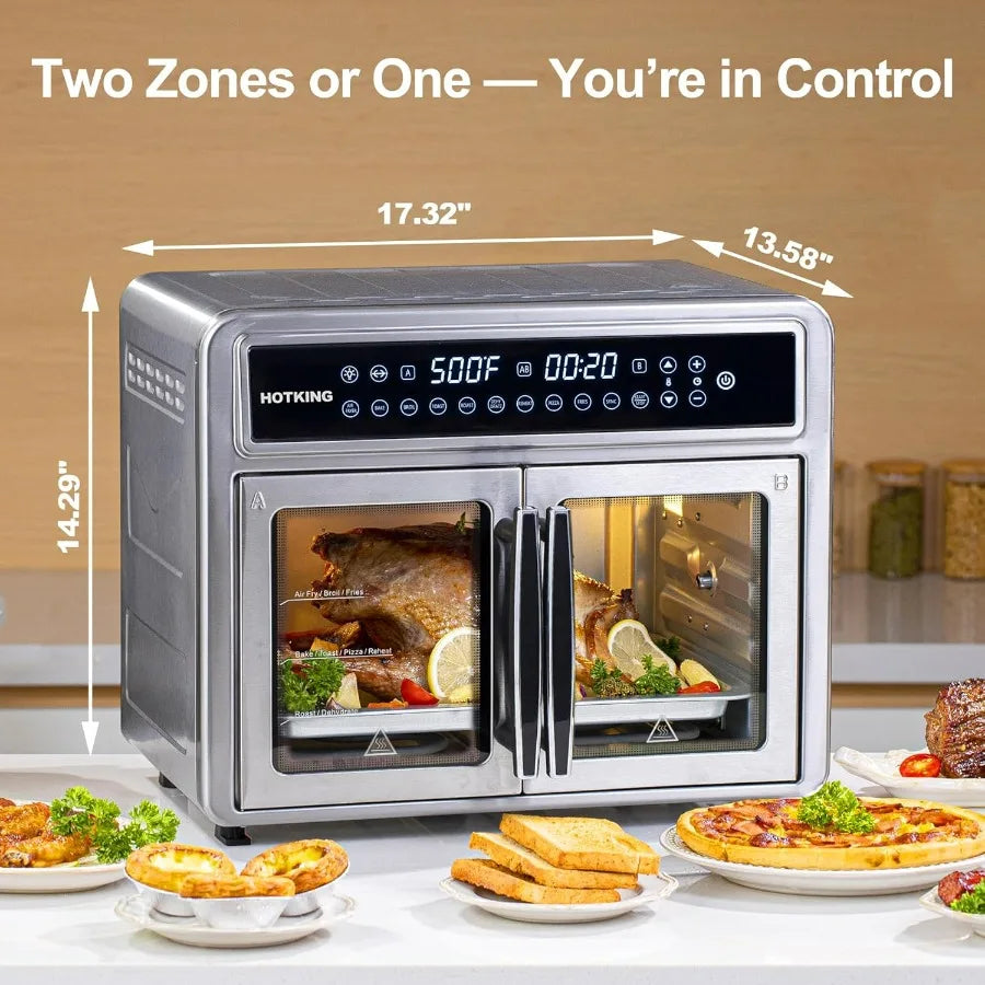 Dual-Zone Air Fryer Toaster Oven Combo 28 QT Extra Large Non Toxic Stainless Steel Convection Oven with French Door Countertop