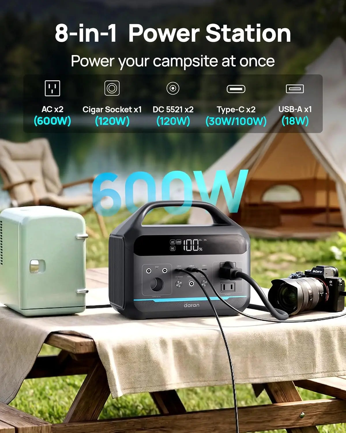 Portable Power Station 600W with 80W Solar Panel, 288Wh LiFePO4 Solar Generator, Dual AC Outlets, 100W USB-C PD, Fast Recharge f