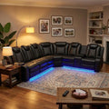 6-Seater Black Curved Leather Sectional Sofa Set with LED Lights, Cup Holders & Storage for Home Theater