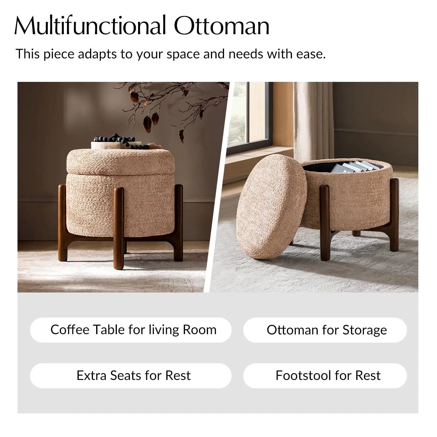 Storage Ottoman Coffee Tables Set of 2 with Solid Wood Base, Modern Round Ottomans with Storage, Chenille, Customized