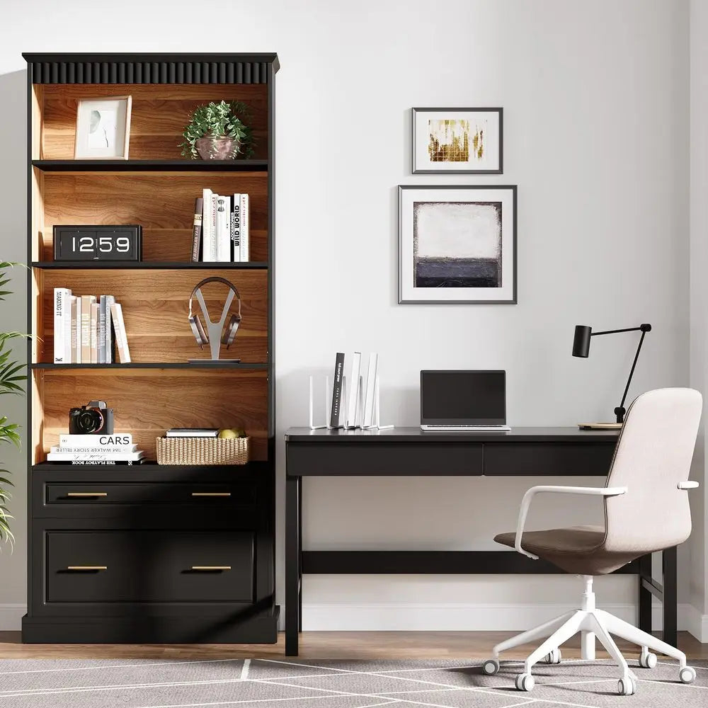 5Shelf Bookcase with File Cabinet Drawer, 72 Tall Bookshelf, Modern FreeStanding Wood Bookcase, Large Open Display Storage Book