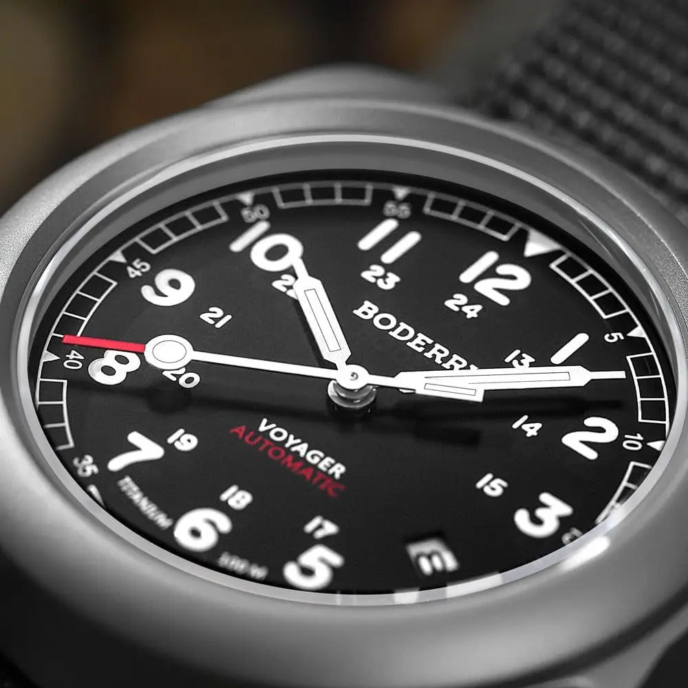 BODERRY Men's Watch Titanium Automatic ield Watch 40mm Military Watch Day Date unction 100M Waterproo with Nylon Strap Japanese