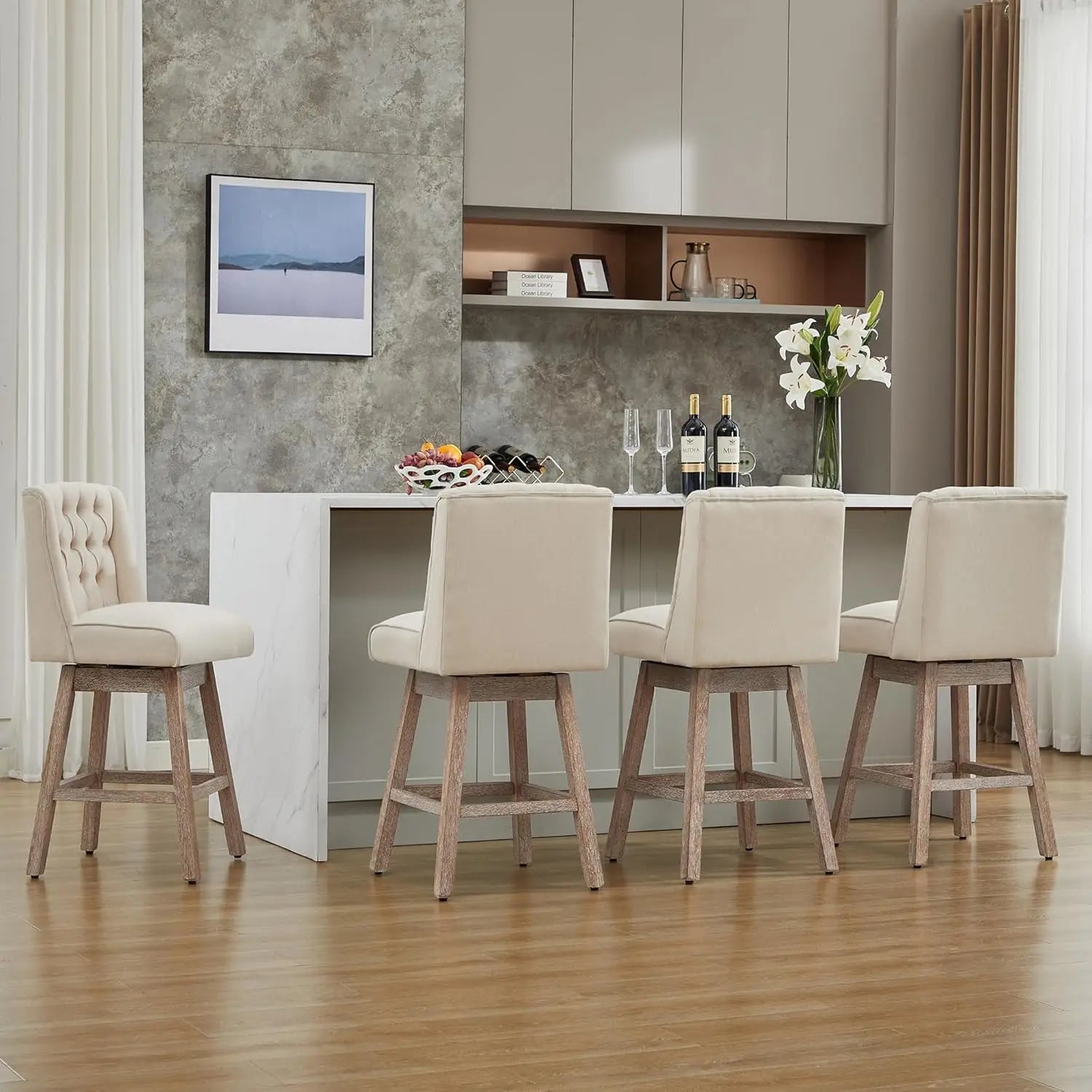26" Swivel Bar Stools Set of 4, Counter Height Barstools with Back, Linen Fabric Upholstered Bar Stools, Customized