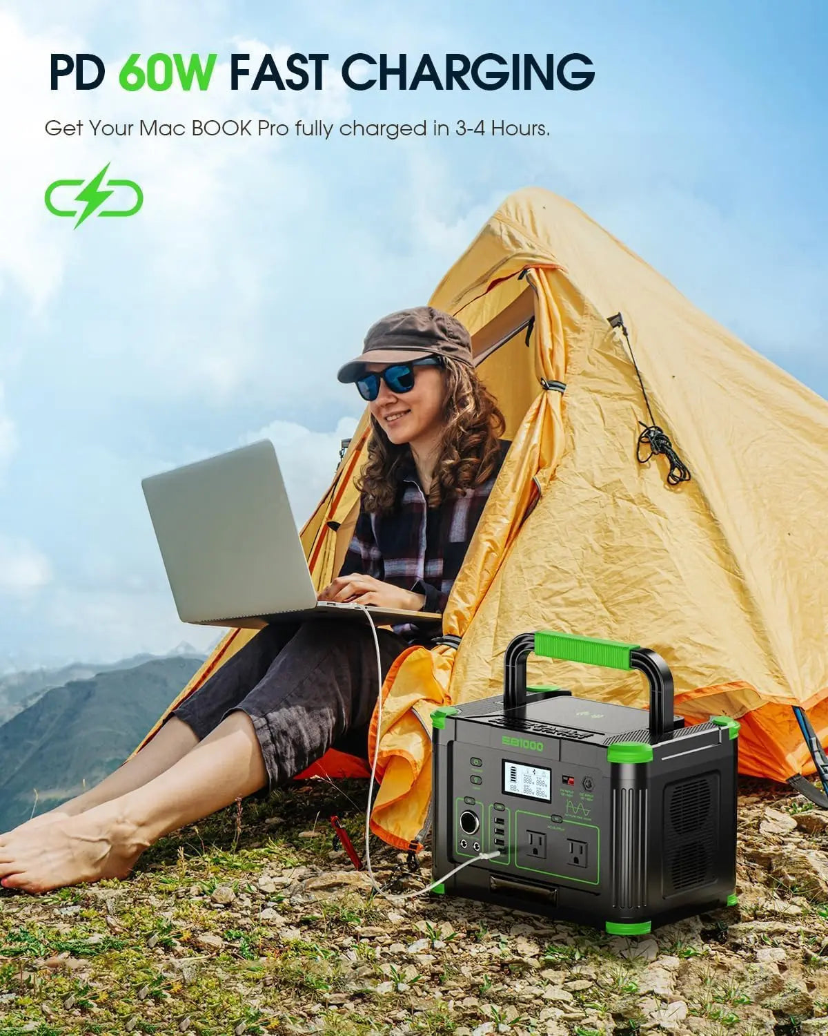 1000W Portable Power Station 999Wh, 120V Pure Sine Wave AC Outlet (2000W Peak), 60W PD USB-C & 10 Ports, Solar Generator for Hom