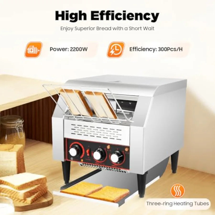 300 Slices/Hour Commercial Conveyor Toaster 2200W Powerful Stainless Steel Heavy-Duty Industrial Electric Toaster with Double H