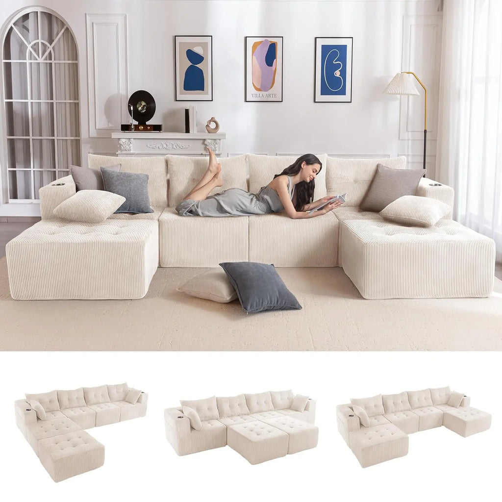 129.5" U Shaped Modular Sectional Sofa with 2 Ottomans Tufted Cloud 6 Seat Sleeper for Living Room Orange Customized