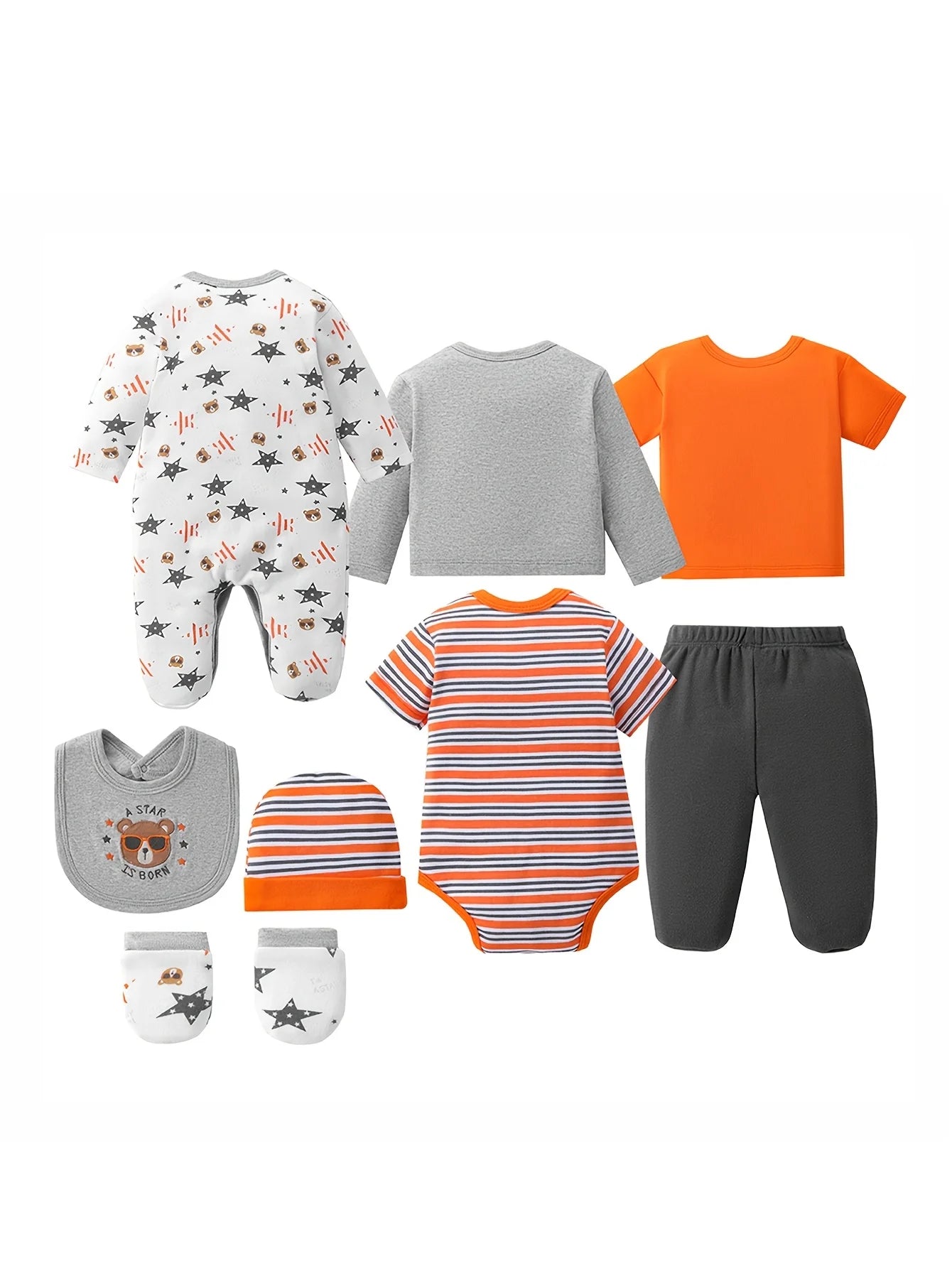 8-pc Soft Unisex Newborn Layette Sets Spring Summer, Hospital Home Outfits, Pants Hats Bibs Mittens Bodysuits Jackets Tops, for Outdoor