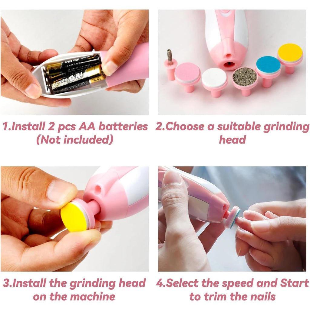 Baby Nail Trimmer Electric Kit Fingernails Toes Care Manicure 6-in-1 Set with LED Light for Newborn Kids and Adult Available in Pink and Blue.