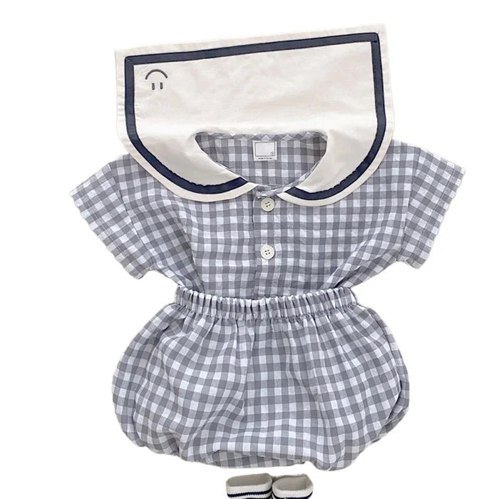 Infants and Toddlers Refreshing Plaid Academy Style Short-Sleeved Bread Pants Set, Newborn Summer Lapel Set