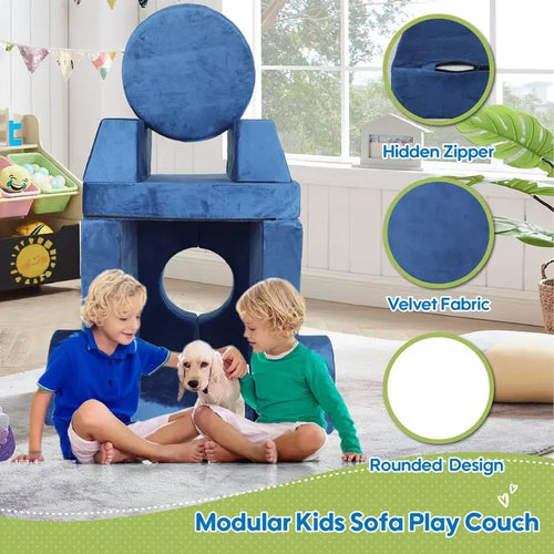 14 pcs Kids Modular Play Couch, Convertible Foam Sectional Sofa for Toddlers, DIY Creative Playroom Furniture in Blue Color -