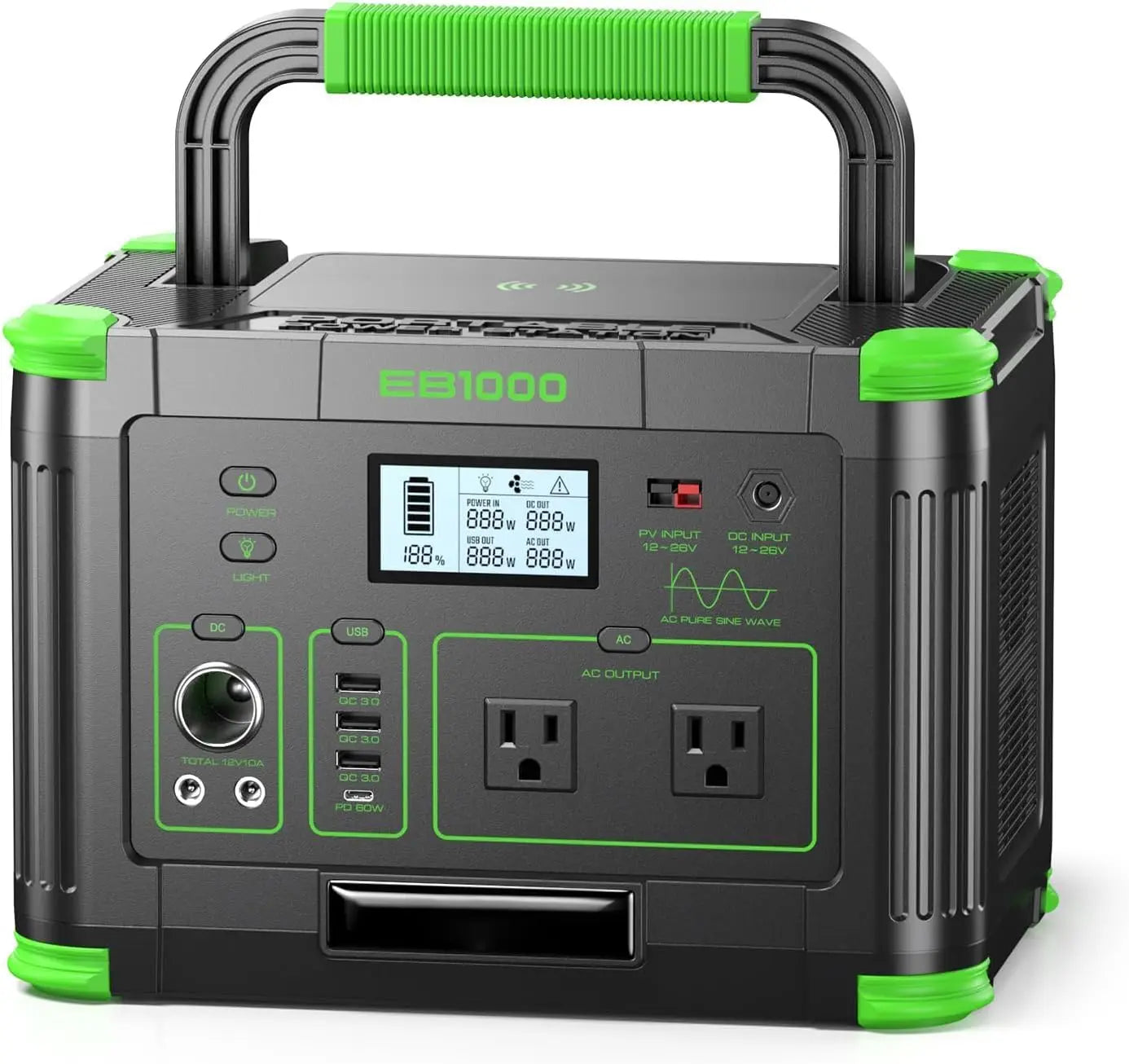 1000W Portable Power Station 999Wh, 120V Pure Sine Wave AC Outlet (2000W Peak), 60W PD USB-C & 10 Ports, Solar Generator for Hom