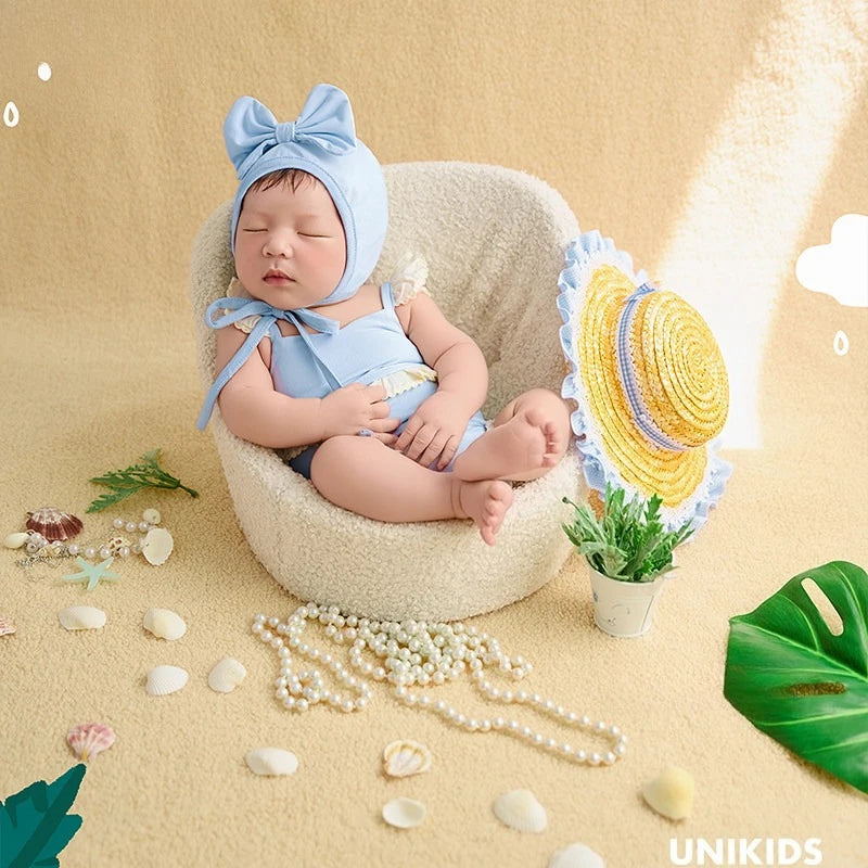 Newborn Photography Props Summer Swimsuit with Headband Beach Theme Set Decors Backdrop for Studio Photoshoot Photo Clothing