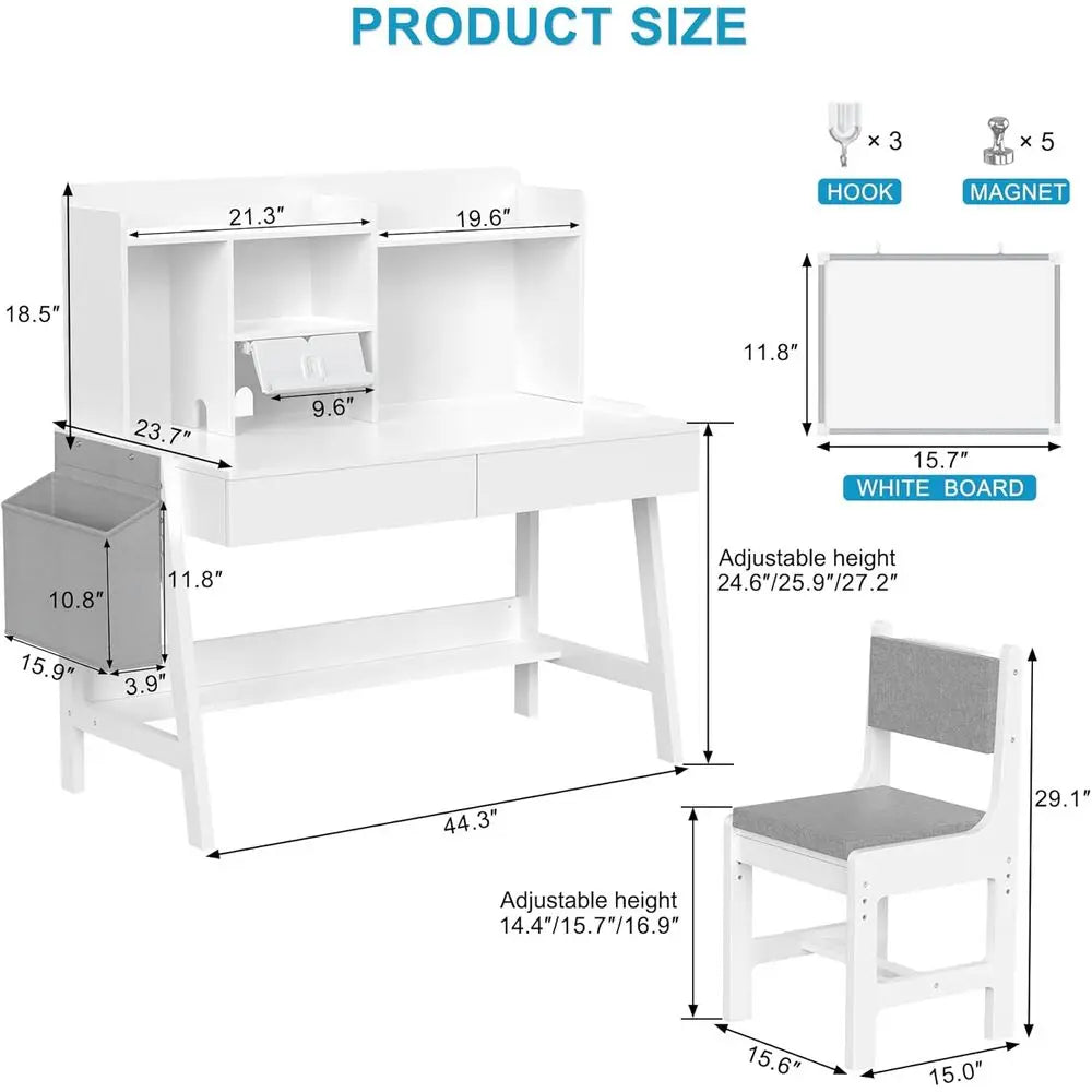 Kids Study Desk and Chair Set, Adjustable Children Study Table with Chair, Kids Wooden Desk with Hutch, Ders, Book Stand, Whiteb