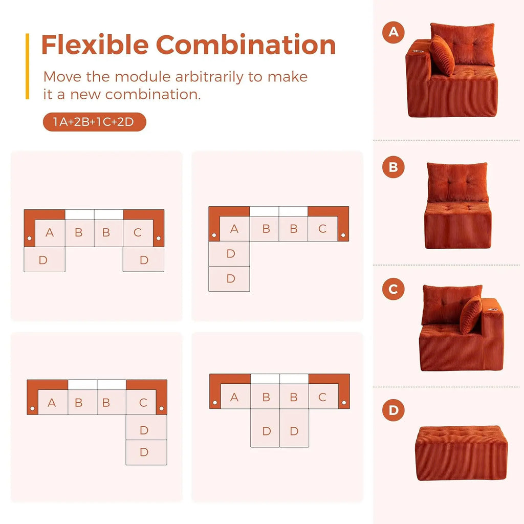 129.5" U Shaped Modular Sectional Sofa with 2 Ottomans Tufted Cloud 6 Seat Sleeper for Living Room Orange Customized