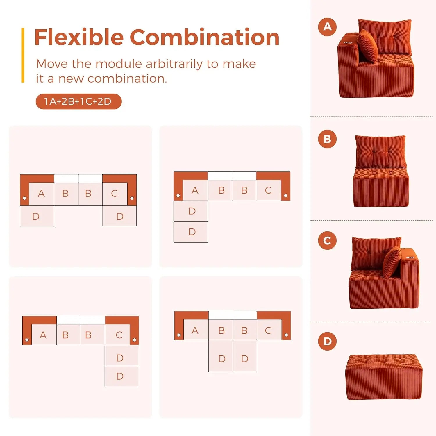 129.5" U Shaped Modular Sectional Sofa with 2 Ottomans Tufted Cloud 6 Seat Sleeper for Living Room Orange Customized