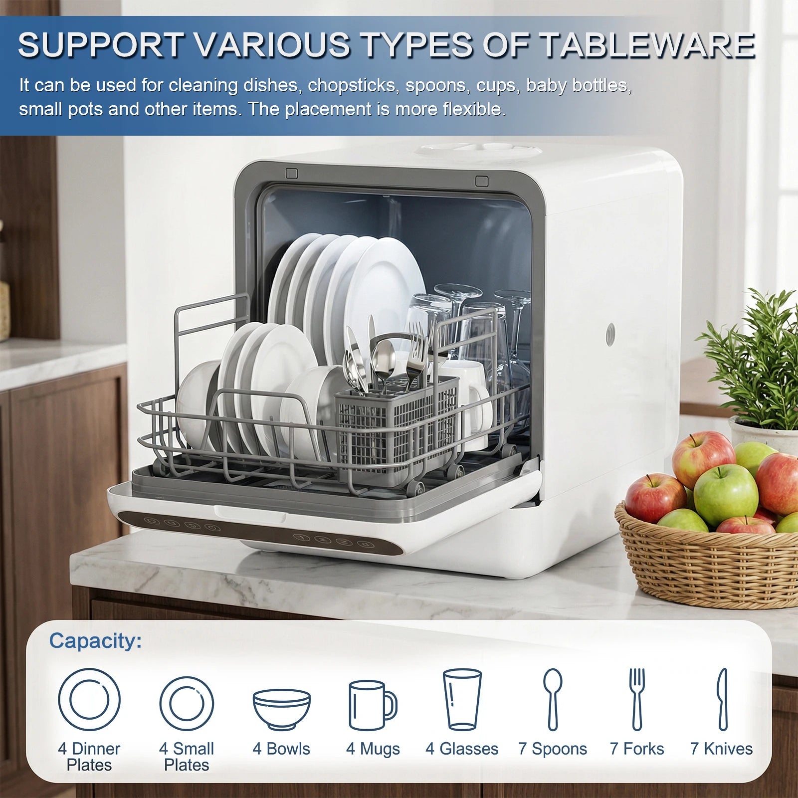 Portable Dishwasher with 6L Built-in Water Tank Automatic Dishwasher 360° Dual Spray High-Temp& Air-Dry Function for Apartments