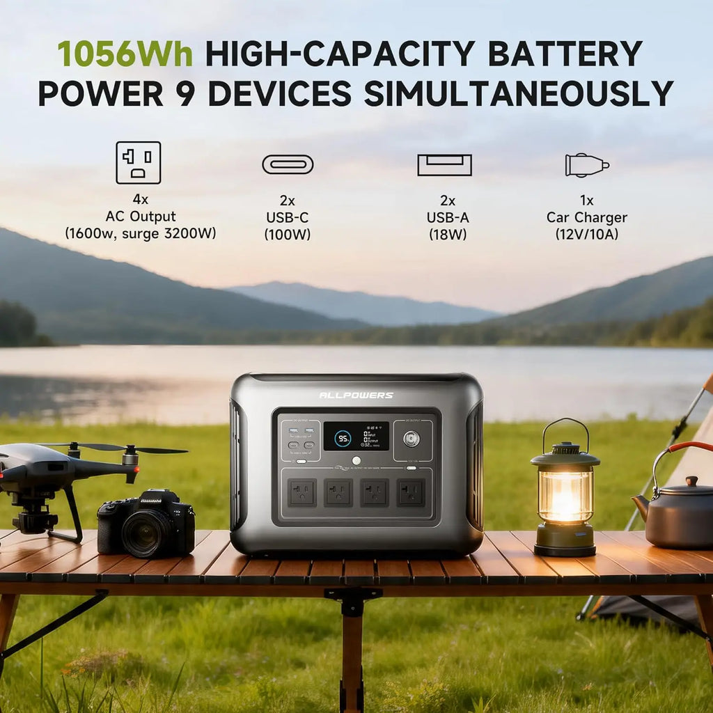 Solar Generator R1500 LITE with 100W Foldable Solar Panel,1056Wh Portable Power Station LiFePO4 (LFP) Battery,1600W AC/100W USB-