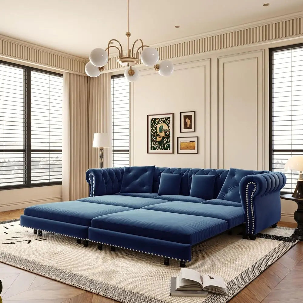 King Size 3-in-1 Convertible Sleeper Sofa with Ottoman, Button-Tufted Chesterfield Style, Ideal for Small Spaces, Blue