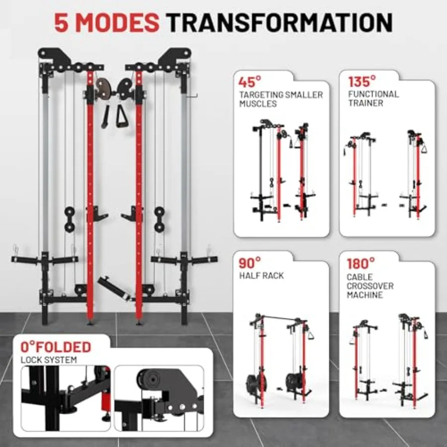 Wall Mounted Folding Squat Rack with Pulley System Pull Up Bar Red Compact Fitness Equipment for Small Spaces Garage rtment 5 A