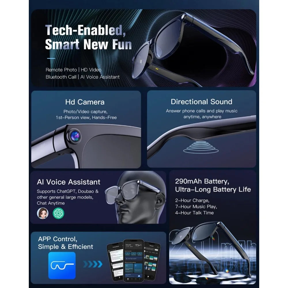 Smart Glasses 800W with Camera, AI Translator, Object Recognition, Bluetooth Audio, Photochromic Lenses, 290mAh Battery