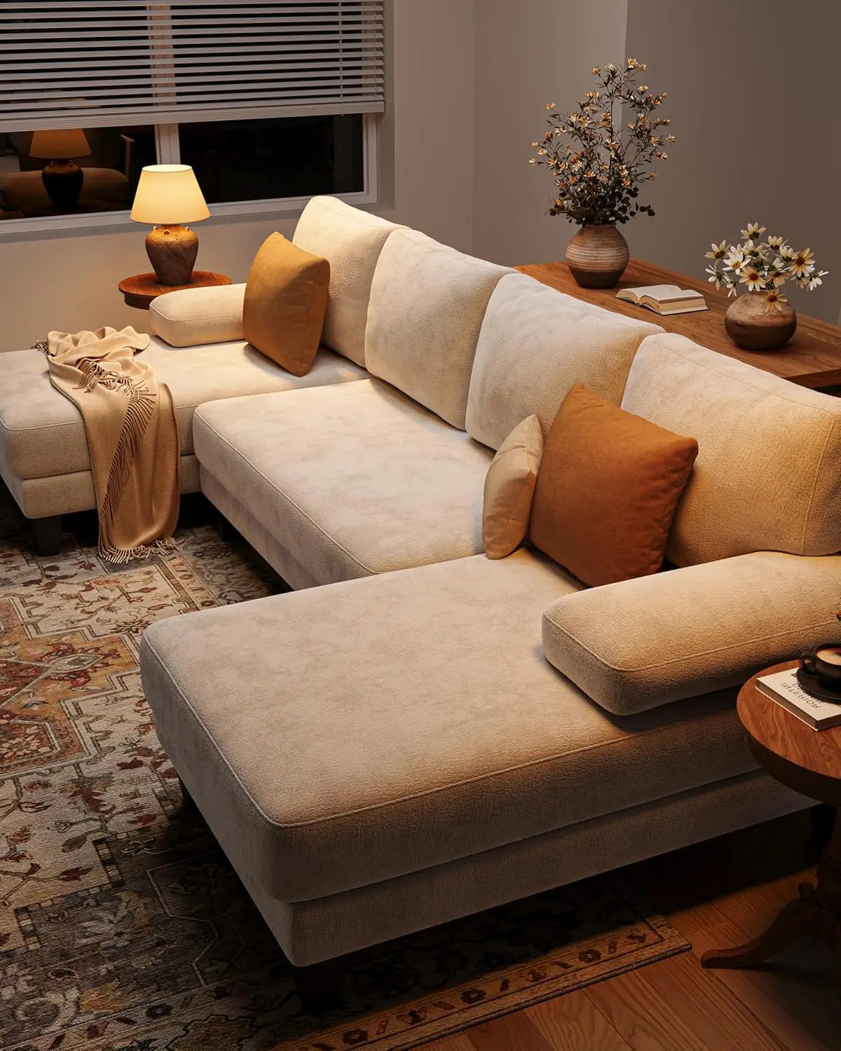 U-Shaped Sectional Couches for Living Room | 112 Inch Modern Sectional Couch | Warm White Chenille Sofa with Double, Customized