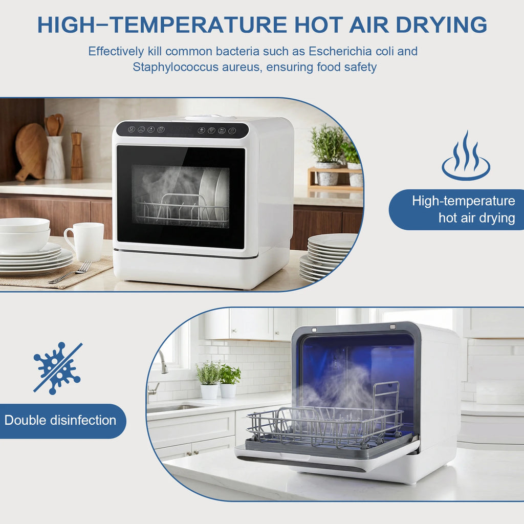 Portable Dishwasher with 6L Built-in Water Tank Automatic Dishwasher 360° Dual Spray High-Temp& Air-Dry Function for Apartments