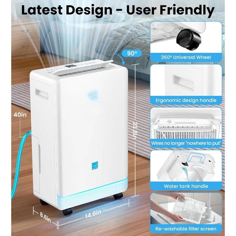 4500 Sq. Ft Dehumidifier  ， 80 Pint Energy Efficient Intelligent Humidity Control Drain Hose