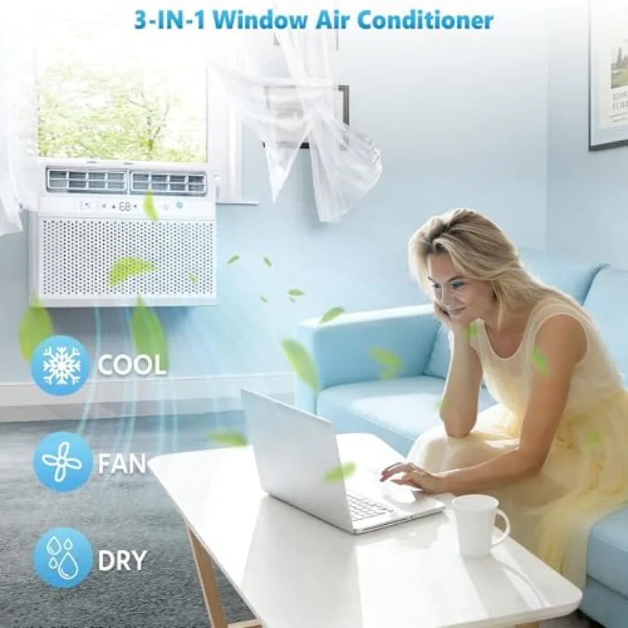 U-shaped window air conditioner for large rooms, aluminum housing, white, 12000 BTU cooling capacity with 3-in-1 cool/dehumidif