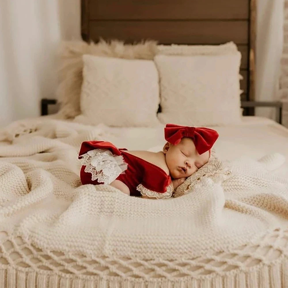 Christmas Velvet Newborn Romper Set Sage Green Baby Photo Outfit Infant Photography Prop Holiday Photoshoot Gift