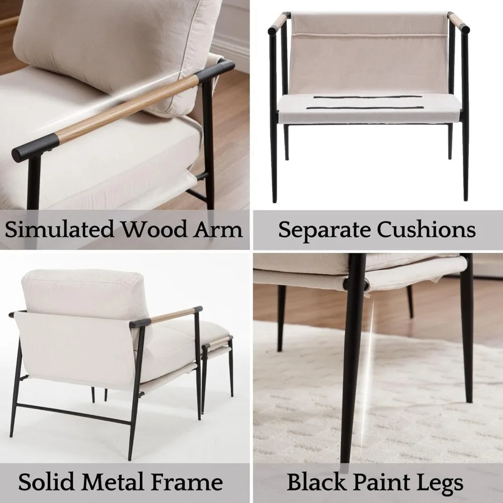 Mid-Century Chenille Accent Chair with Ottoman, Soft Living Room Chair with Metal Legs Modern Upholstered Armchair Read