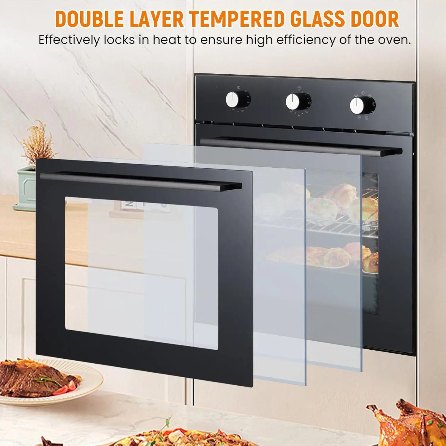 24" Built-in Electric Wall Oven 2.5 Cu.ft 8 Cooking Modes Stainless Steel With Mechanical Knob Control & 3-Layer Tempered Glass
