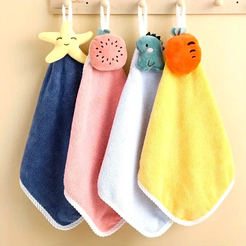 4pcs Coral Fleece Hangable Hand Towels for Kids Baby Bathroom Fingertip Super Absorbent Handkerchief Bath Towel Accessories