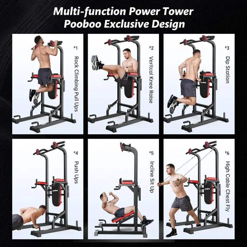 Pooboo Power Tower Dip Station Pull Up Bar for Fitness Home Gym Workout,450 Pounds Multi-Function Adjustable Height Fitness