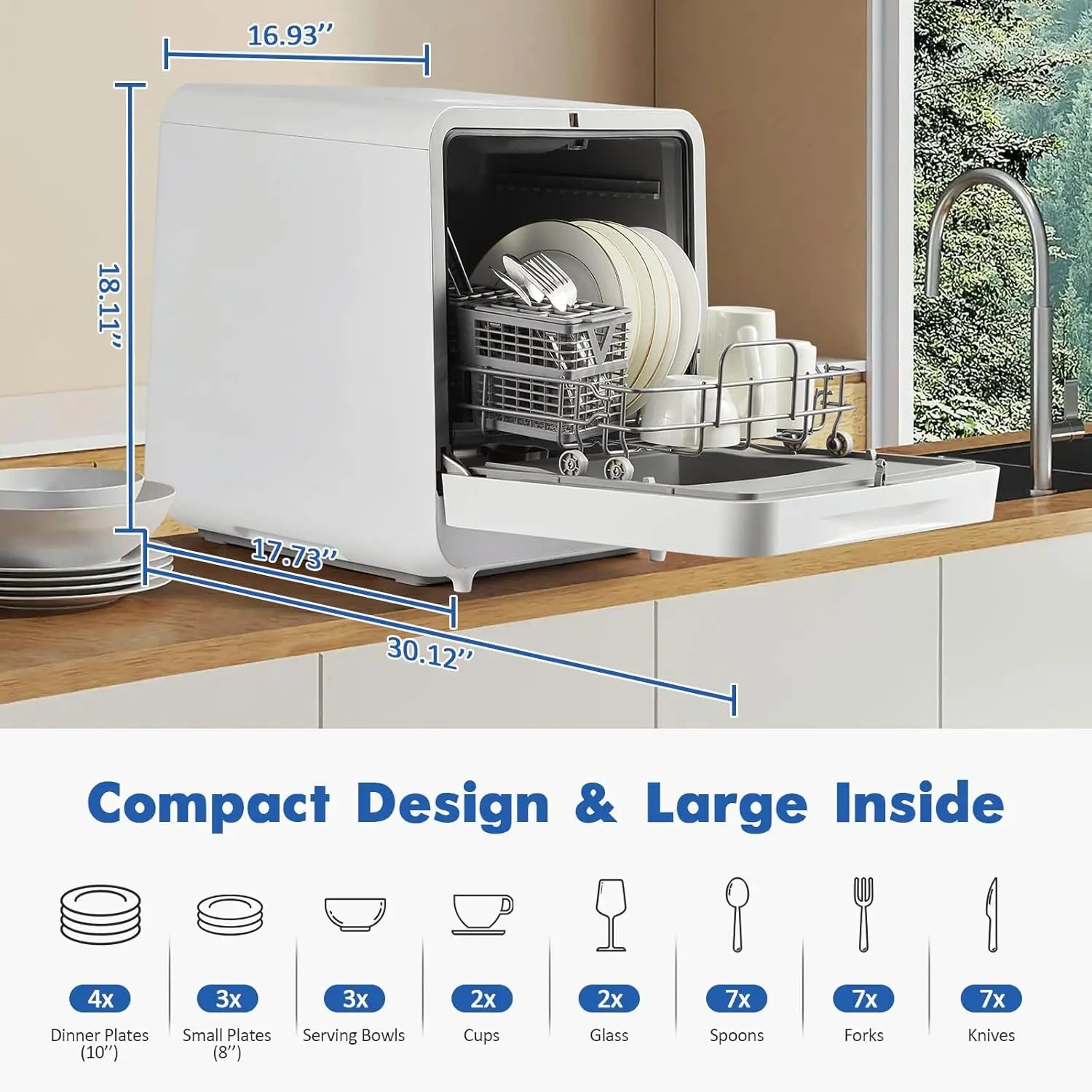 Countertop Portable Mini Dishwasher with 6 Washing Programs, 5.3L Water Tank, Hot Air-Dry/24H Delayed Start Function, LED Light