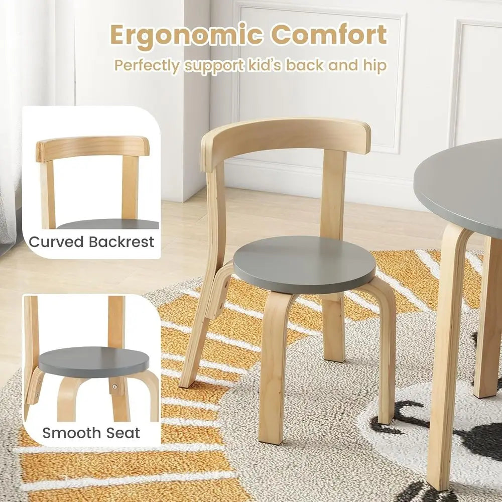 Kids Table and Chair Set, Bentwood Toddler Round Table and 4 Chairs for Craft Art, Building Block, 5-Piece Children Furniture Se