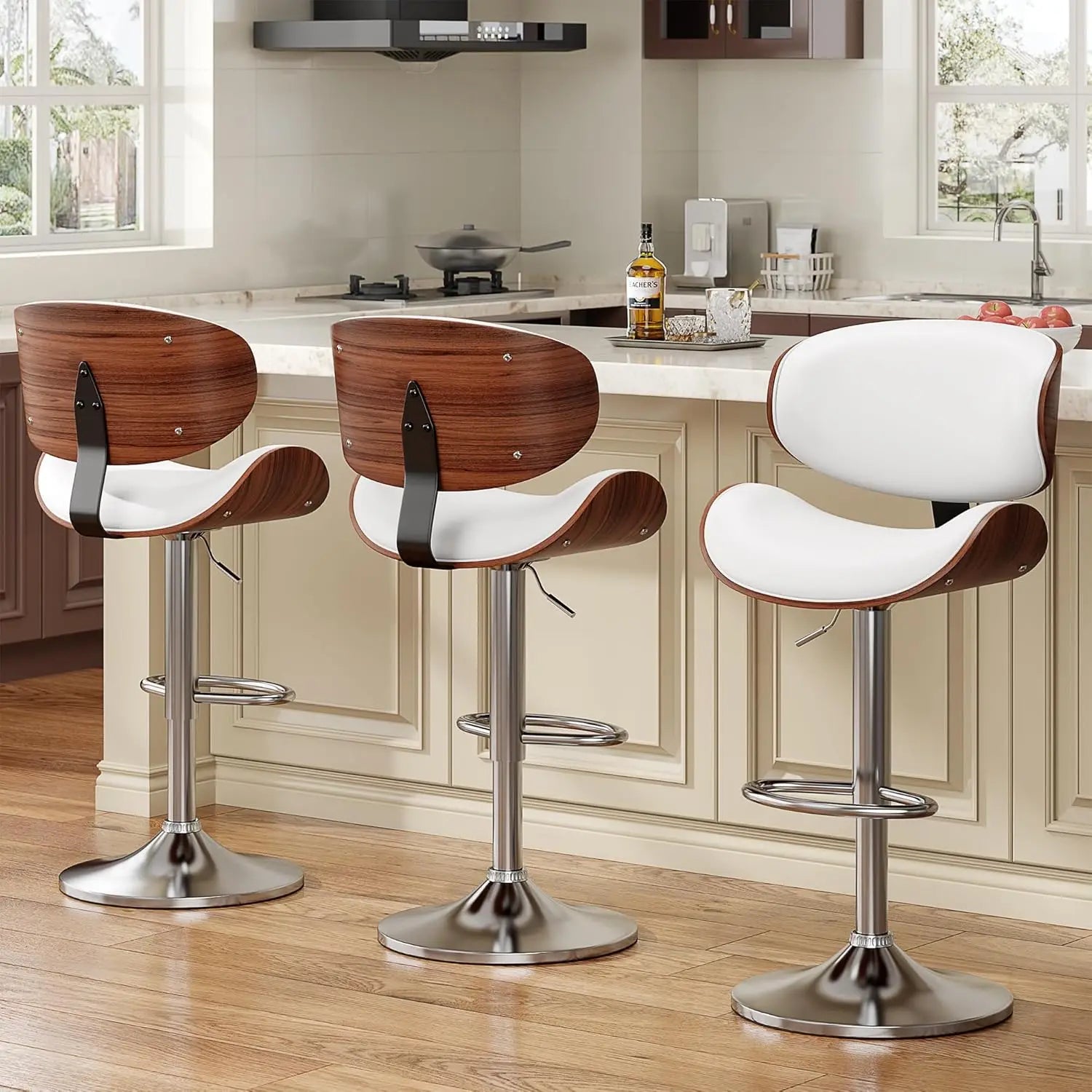 Adjustable Height Swivel Bar Stool PU Leather Upholstered with Back Footrest for Bar Kitchen Dining Room Set of 3, Customized
